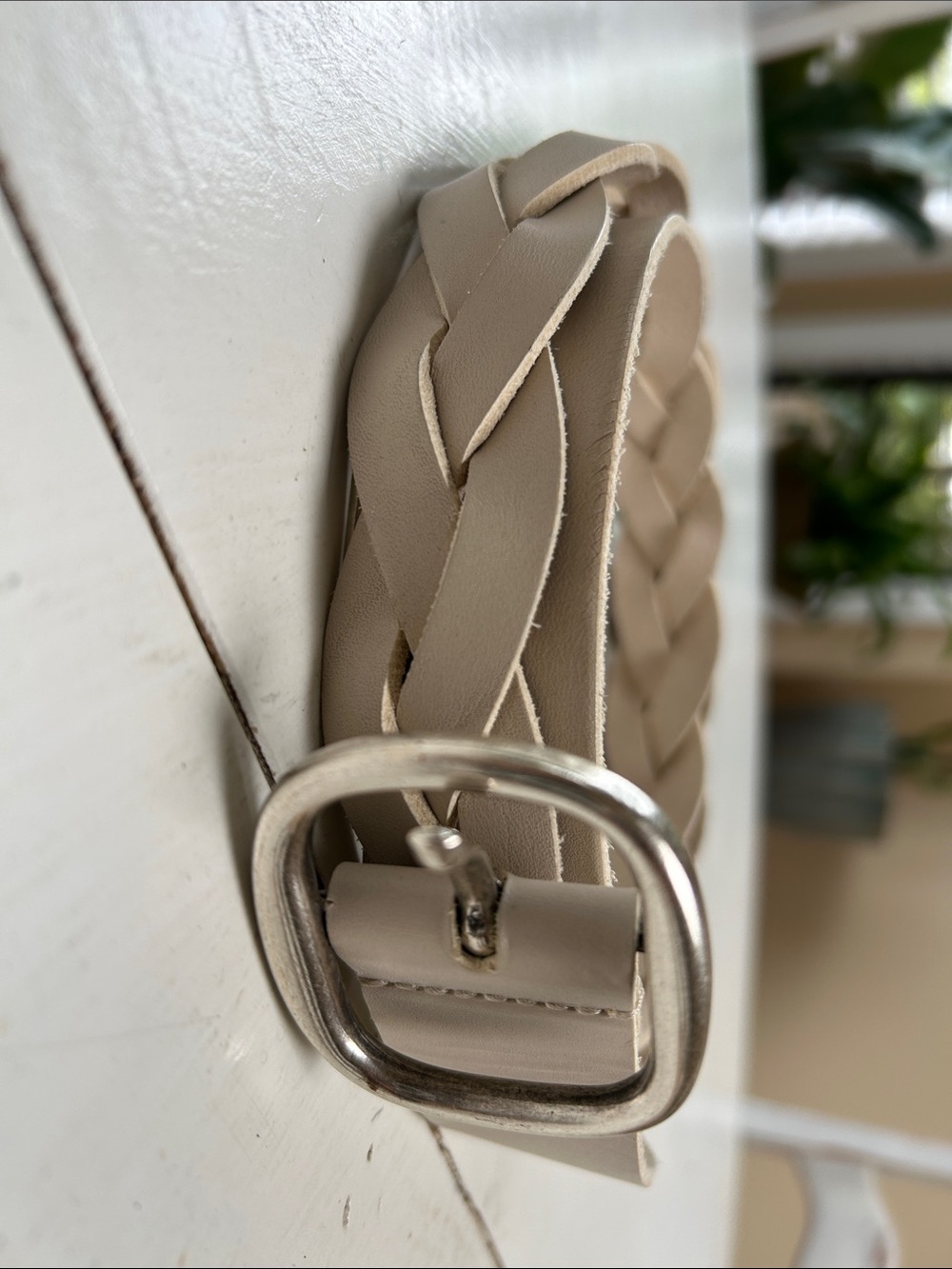 Braided Beige Genuine Leather Belt with Silver Buckle